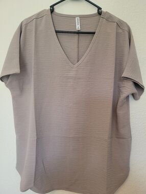 Zanana Basic V-Neck Short Sleeve Oversized Top in Taupe
